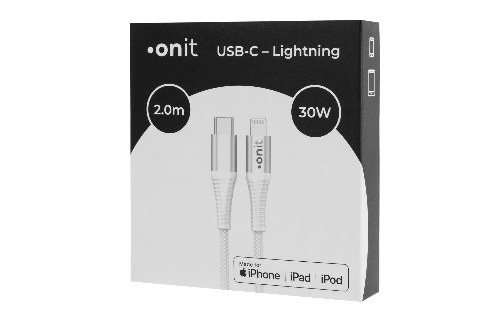 ONIT Daten- & Ladekabel – USB-C auf Lightning 2 m, PD 30 W, geflochten, Weiss – für iPhone/iPad