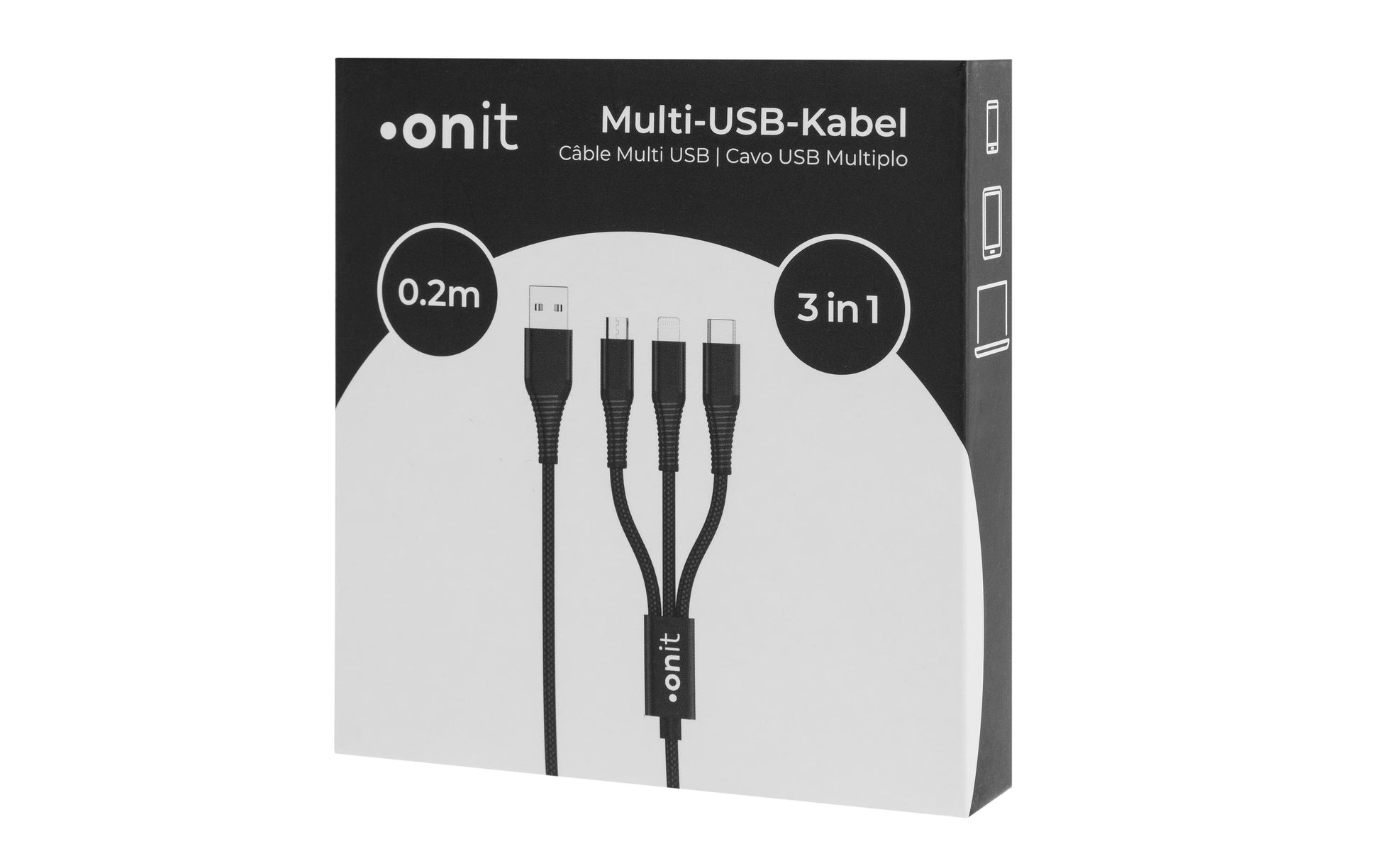 ONIT Multi-Kabel – 3-in-1 USB-A auf USB-C/Micro-USB/Lightning 0,2 m, PD 12 W, geflochten – für iPhone/Android