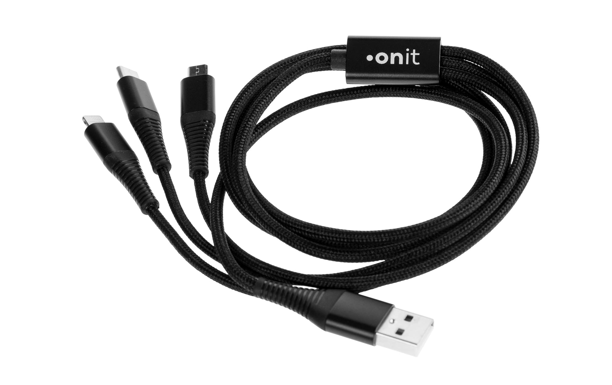 ONIT Multi-Kabel – 3-in-1 USB-A auf USB-C/Micro-USB/Lightning 1 m, geflochten, schwarz – für iPhone/Android