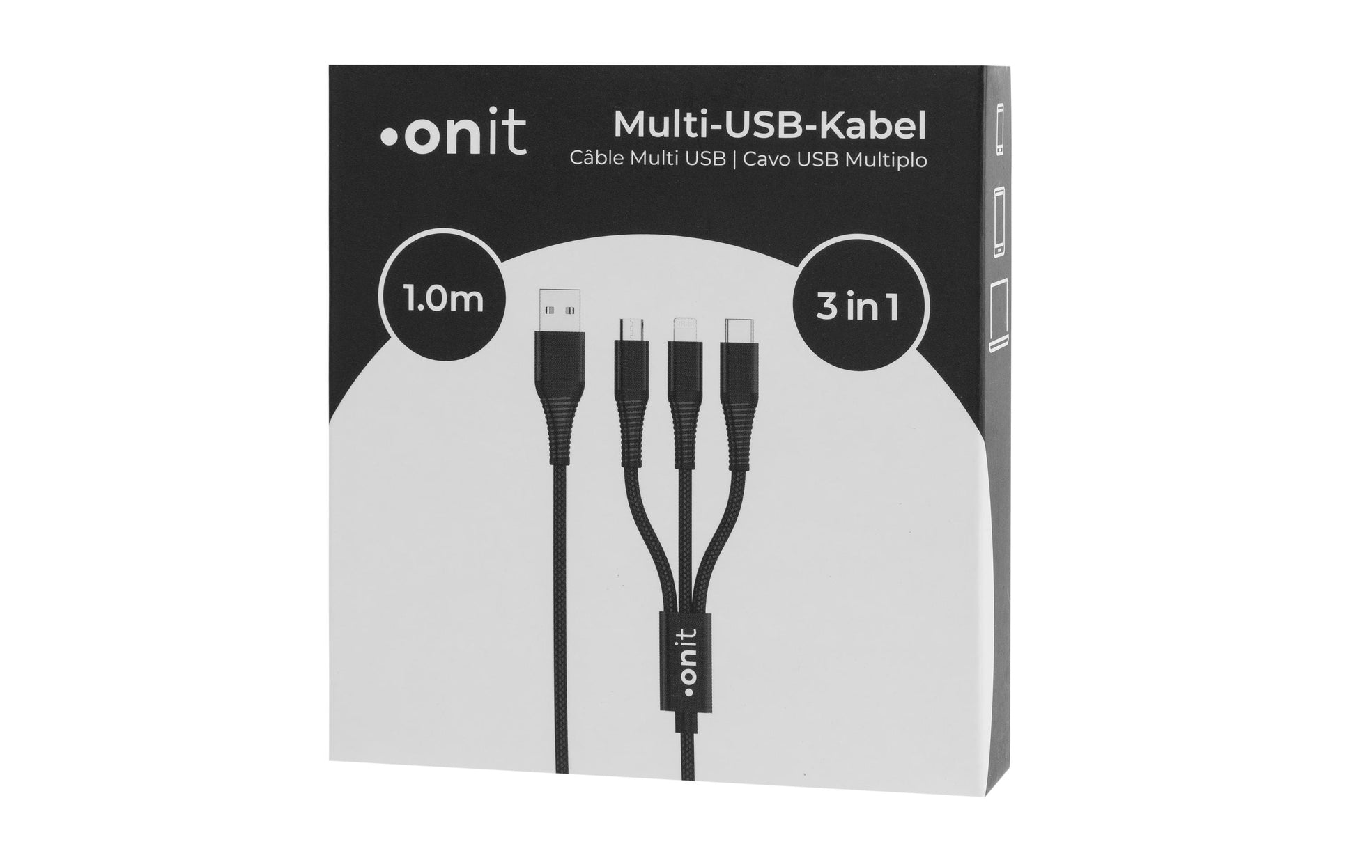 ONIT Multi-Kabel – 3-in-1 USB-A auf USB-C/Micro-USB/Lightning 1 m, geflochten, schwarz – für iPhone/Android