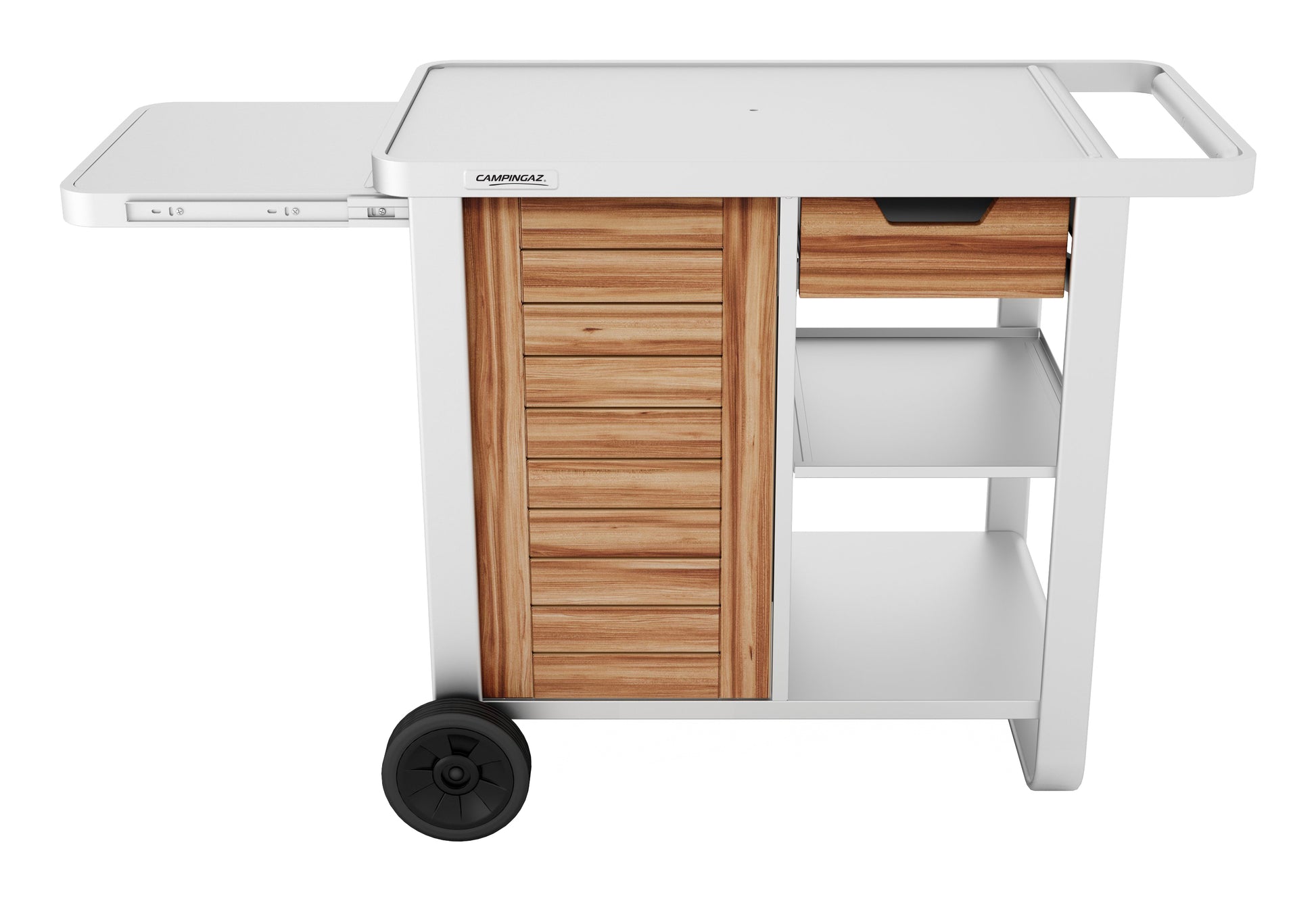 Campingaz Wagen, 1 Regal, 2 Räder mit Lenkrollen, Silber/Holz