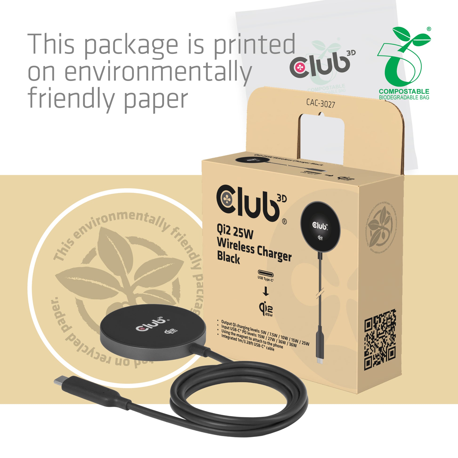 CLUB3D CAC-3027 Kabelloses Ladegerät 25 W – Qi2, MagSafe-kompatibel – für Smartphones, Smartwatches u. a.