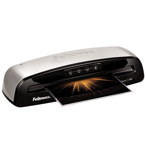 Fellowes Saturn Laminiergerät Arbeitsbreite 235 mm – 2 Rollen, 160–250 µm, Aufheizzeit 1 Min., Weiss/Grau