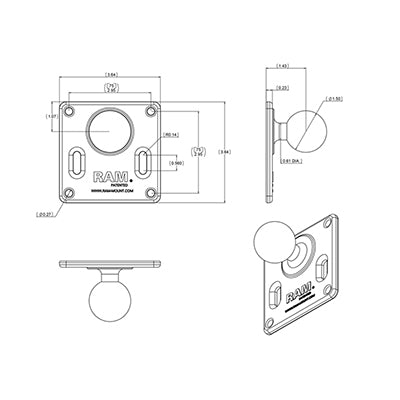 RAM Mounts VESA Basis C-Grösse – VESA-Adapterplatte – VESA 75×75 mm – Aluminium, Kugel ø 3,81 cm – Schwarz