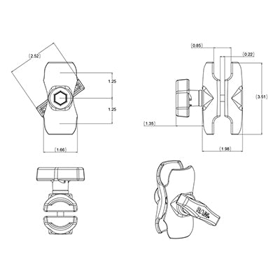 RAM Mounts RAM-201U-B – Kurzarm 95 mm, C-Grösse 1,5" Kugel, Schwarz