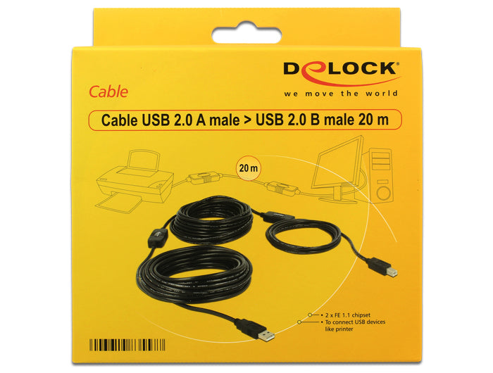 DeLOCK USB-A auf USB-B Kabel – USB 2.0 (480 Mbit/s) – 20 m – Aktiv – Schwarz