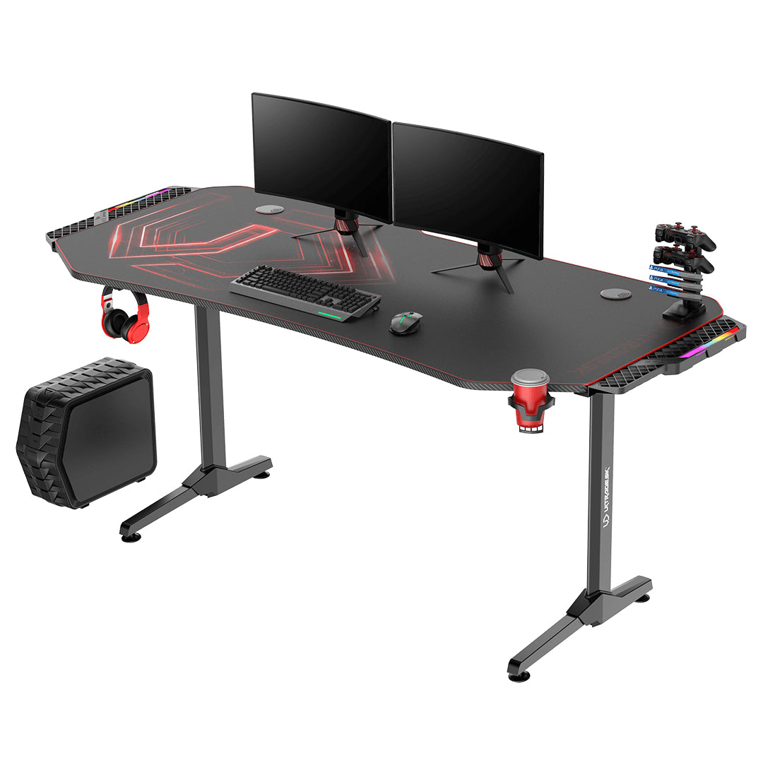 Ultradesk Rollbarer Computertisch, 1'750×750×760 mm, RGB-LED, USB-Hub mit 4 Anschlüssen, Schwarz/Rot