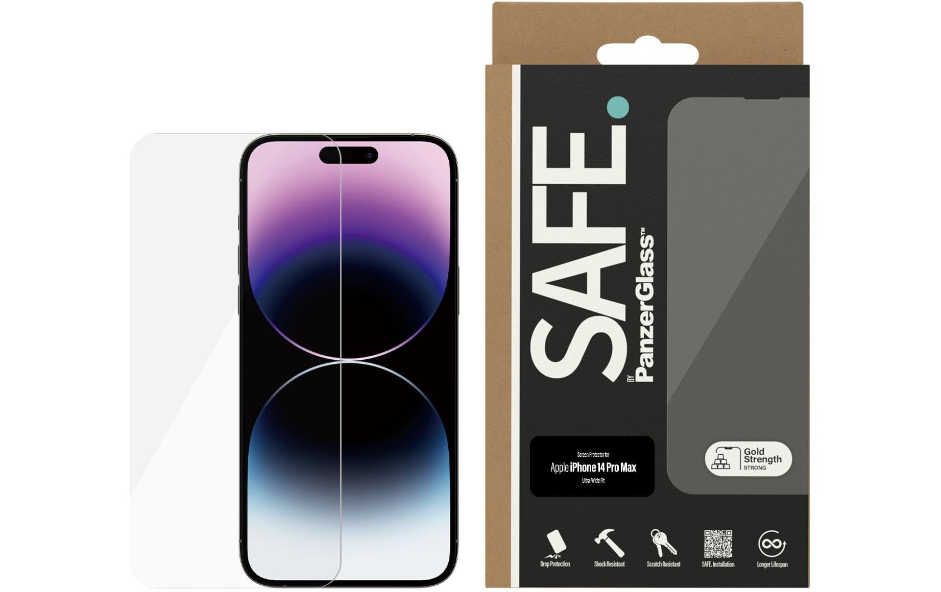 PanzerGlass SAFE. – Displayschutz (Panzerglas), Ultra-Weit Passform – für iPhone 14 Pro Max