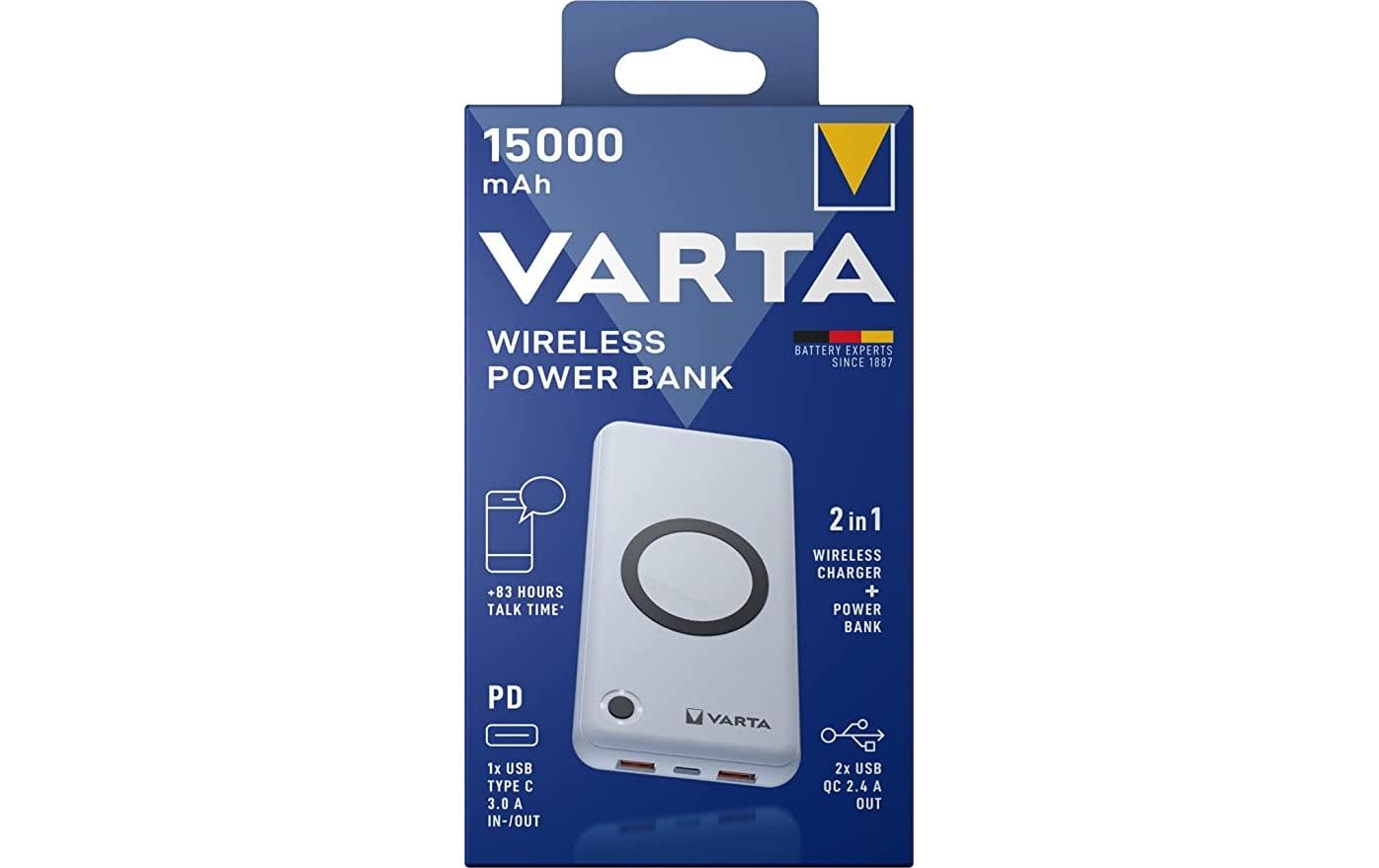 Varta Wireless Powerbank 15'000 mAh – 20 W PD, Wireless 10 W, 1× USB-C, 2× USB-A, weiss