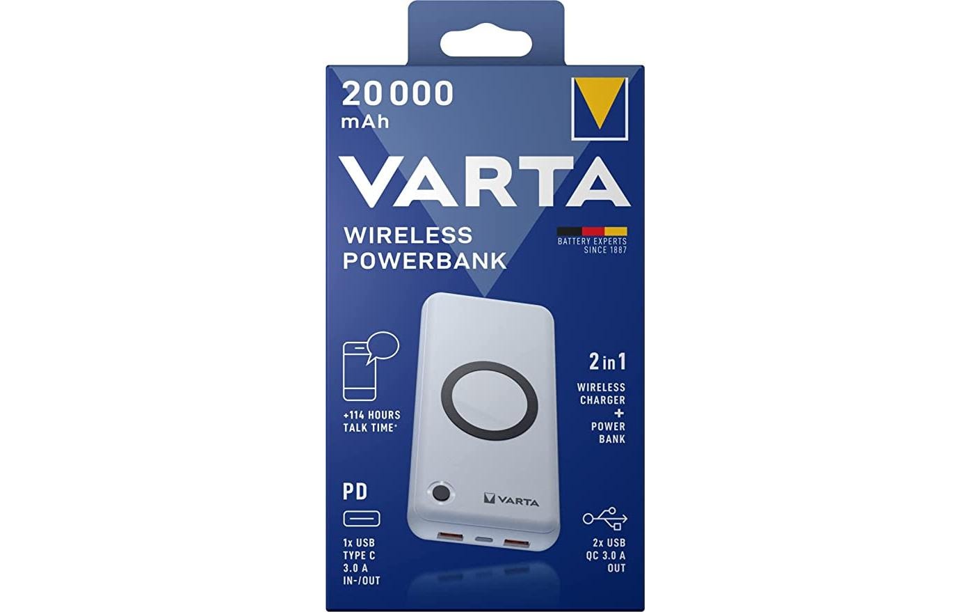 Varta Wireless Powerbank 20'000 mAh – 20 W PD, Wireless 10 W, 1× USB-C, 2× USB-A, Weiss