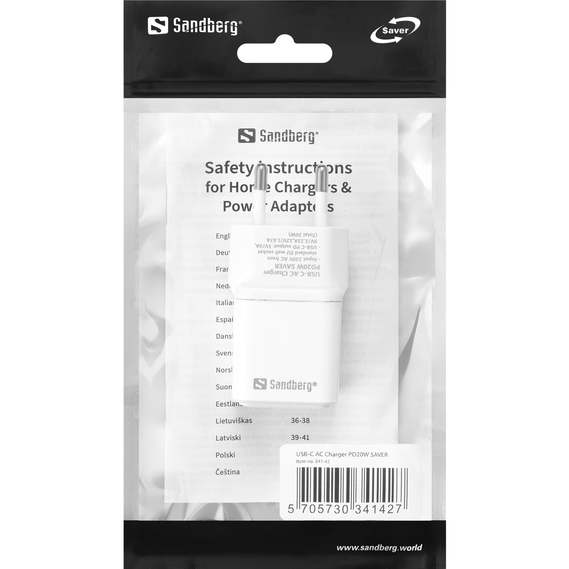 Sandberg PD20W SAVER USB-Wandladegerät 20 W – USB-C×1 – PD, EU-Stecker (Typ C) – Weiss