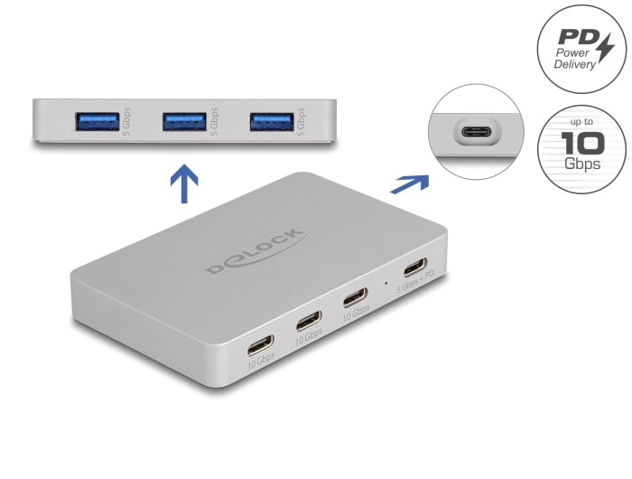 DeLOCK USB-Hub – USB-C, 3× USB-A, 4× USB-C, 82 W PD, für Windows/Mac/Linux