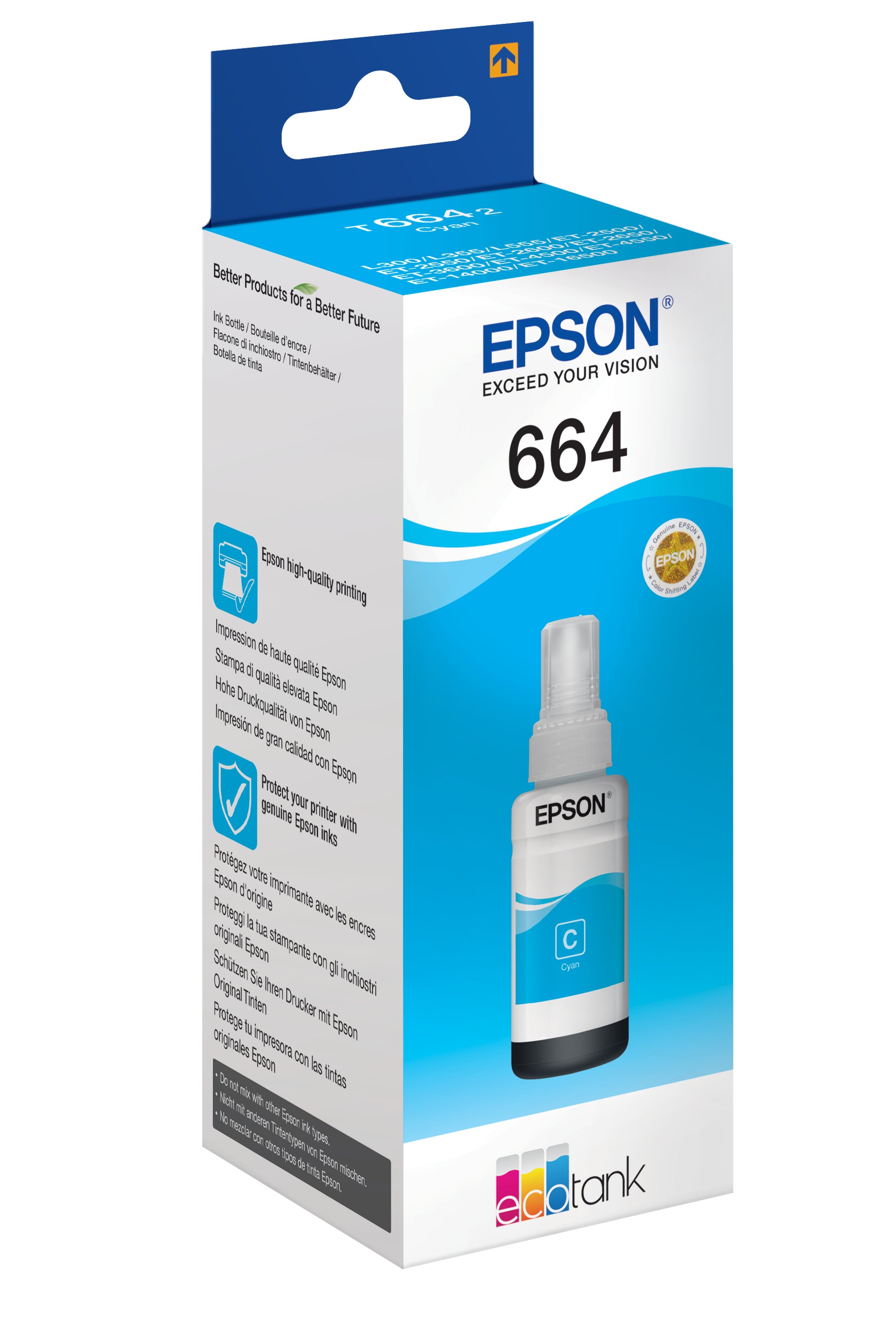 Epson 664 Cyan Tintenpatrone (Original) – 70 ml – für EcoTank L355/L555, ET-4550/4500 …