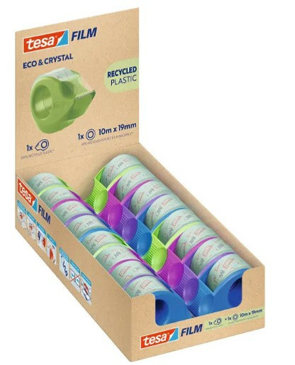 TESA Handabroller – für Klebeband bis 19 mm × 10 m, inkl. 1 Rolle 19 mm × 10 m, Metallmesser, Pack zu 16 Stück