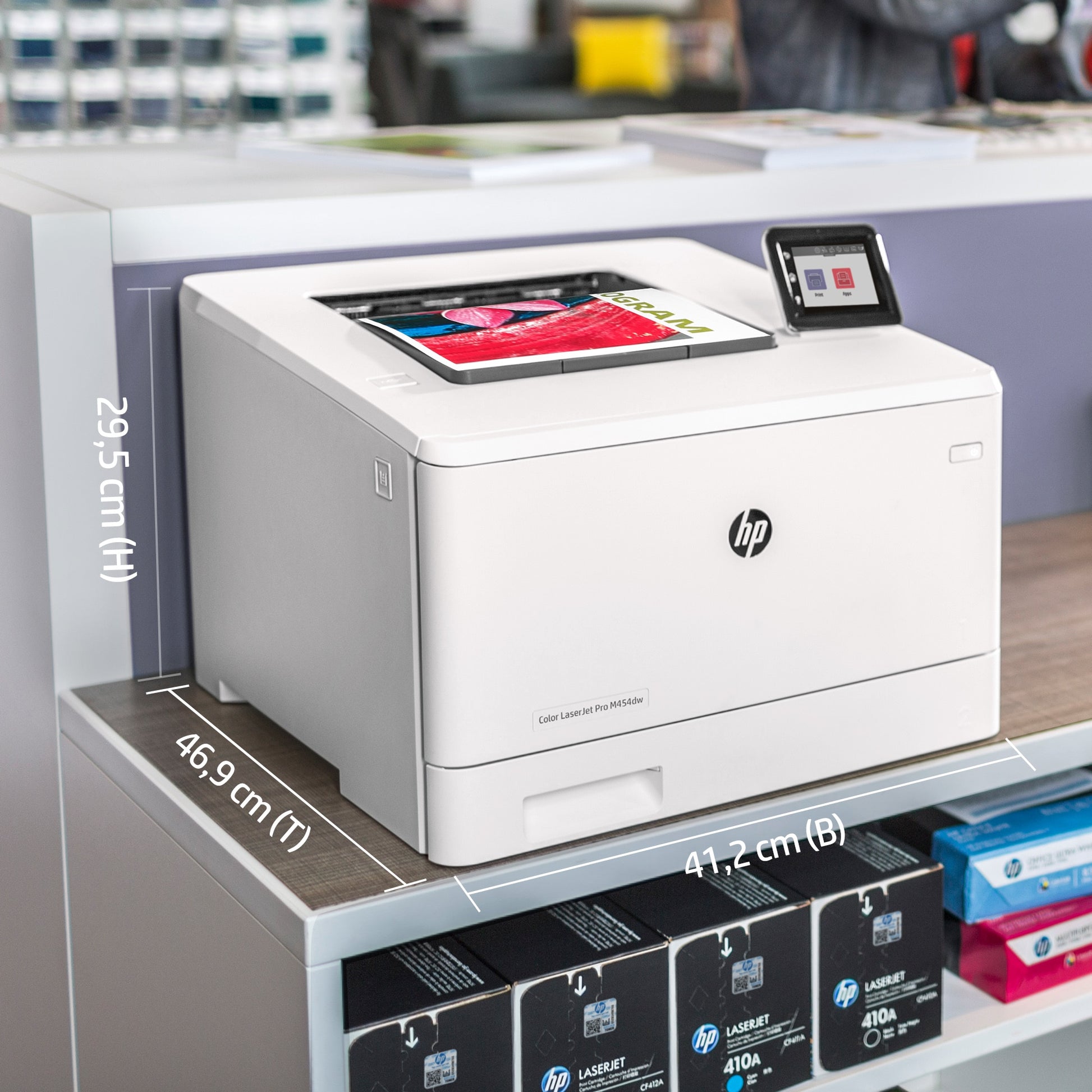 HP Color LaserJet Pro M454dw – A4, Farbe, Duplex, 27 S./Min., 600 × 600 dpi, WLAN/LAN/USB, Papier: 300 Blatt
