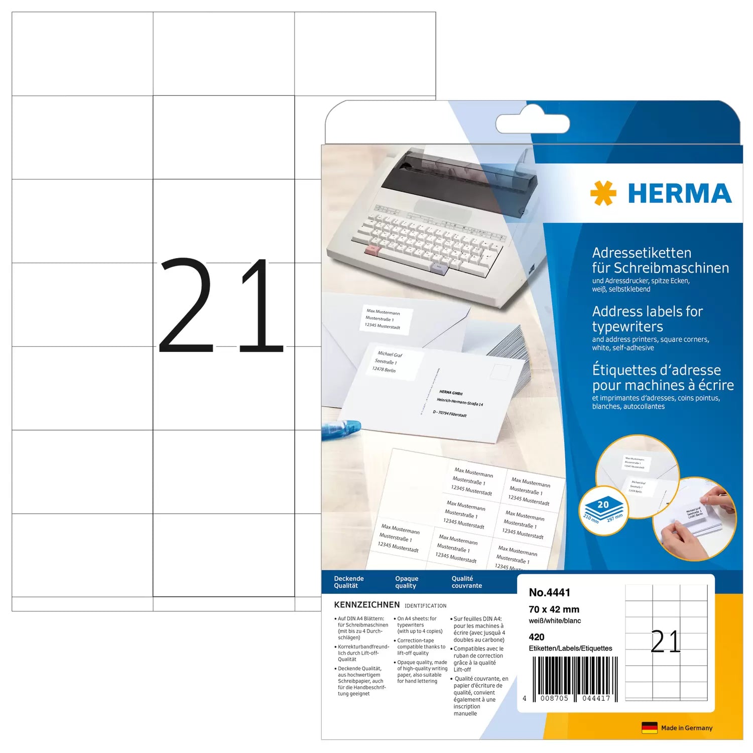 HERMA Adressetiketten, 70 × 42 mm – für Schreibmaschinen, bis 4 Durchschläge – 420er-Pack
