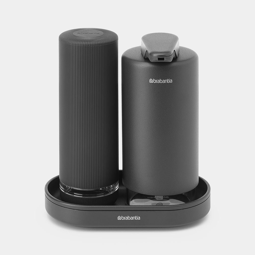 Brabantia Seifenspender, manuell, zum Aufstellen, Metall, grau, B 141 × H 157 × T 93 mm, 2er-Pack, je 200 ml