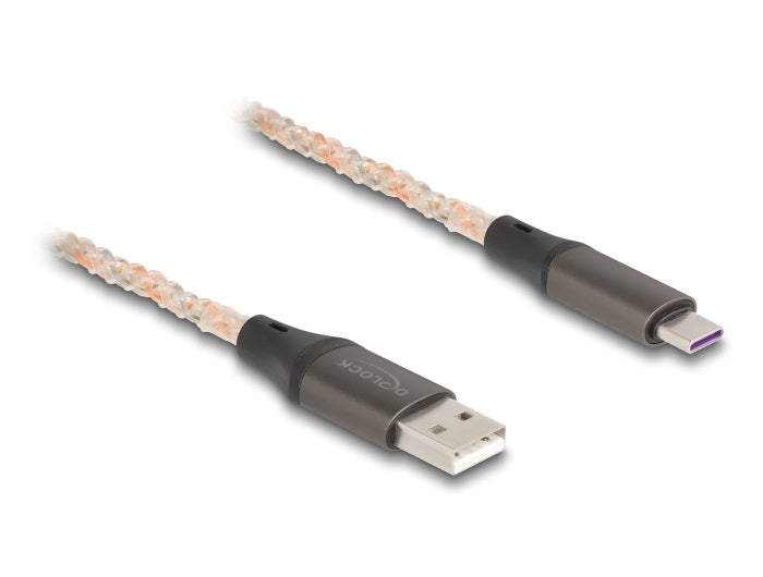 DeLOCK USB-A auf USB-C Kabel – USB 2.0 (480 Mbit/s) – 1 m – RGB-Beleuchtung, Goldstecker – Transparent