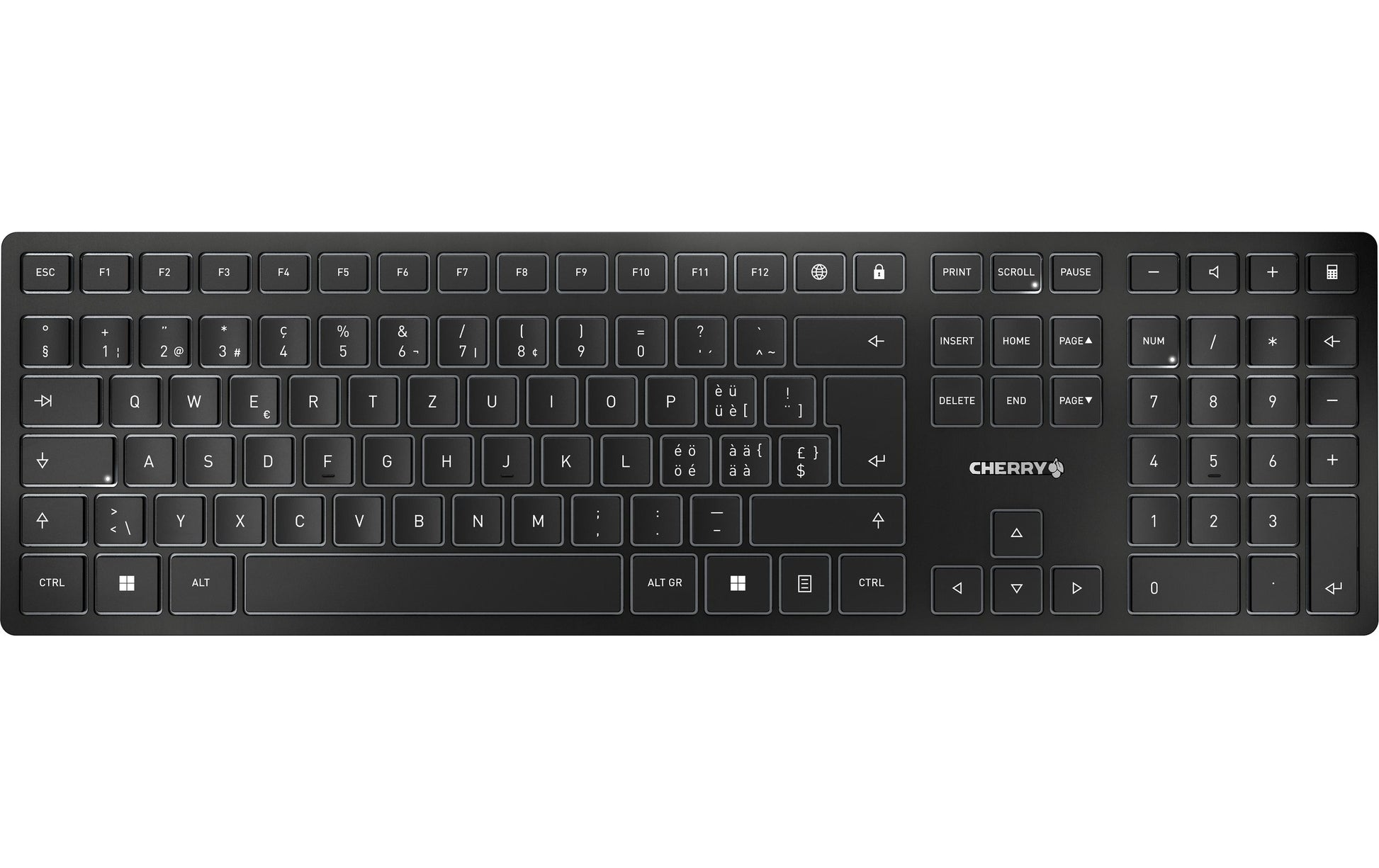 CHERRY KW 9100 SLIM – Tastatur, kabellos (Bluetooth/2,4 GHz), CH-Layout (DE-CH), Fullsize (mit Ziffernblock)