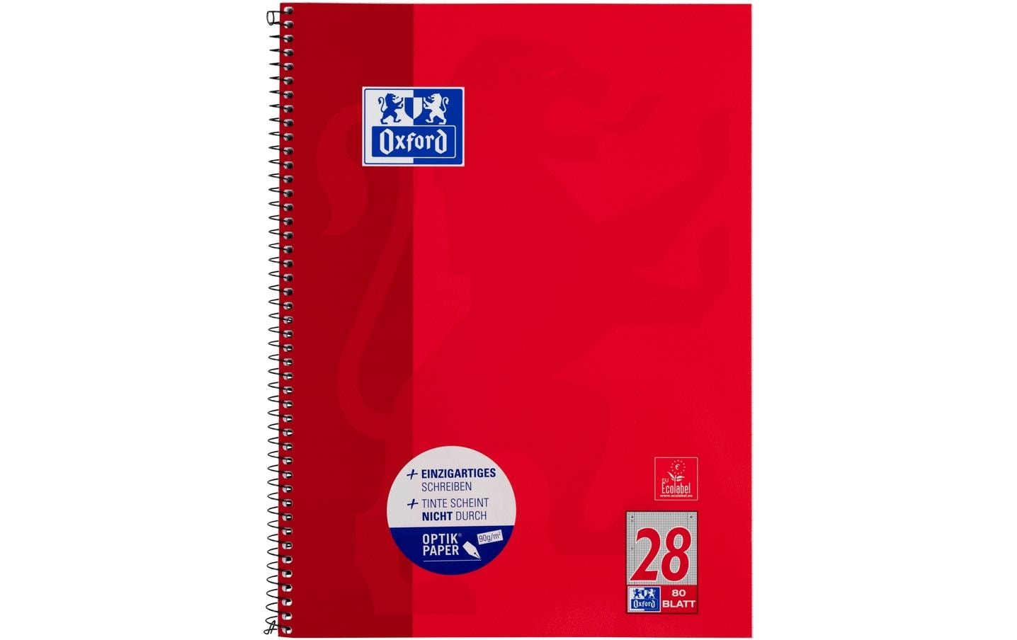 Oxford Collegeblock – A4 – kariert – 80 Blatt – 90 g/m² – Softcover, 4-fach gelocht, mikroperforiert, rot