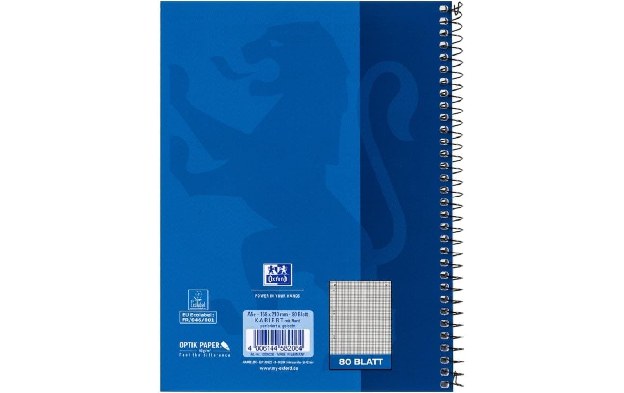 Elba Collegeblock A5+, kariert 5 mm, Spiralbindung, Karton, 80 Blatt, mikroperforiert, 90 g/m² – blau