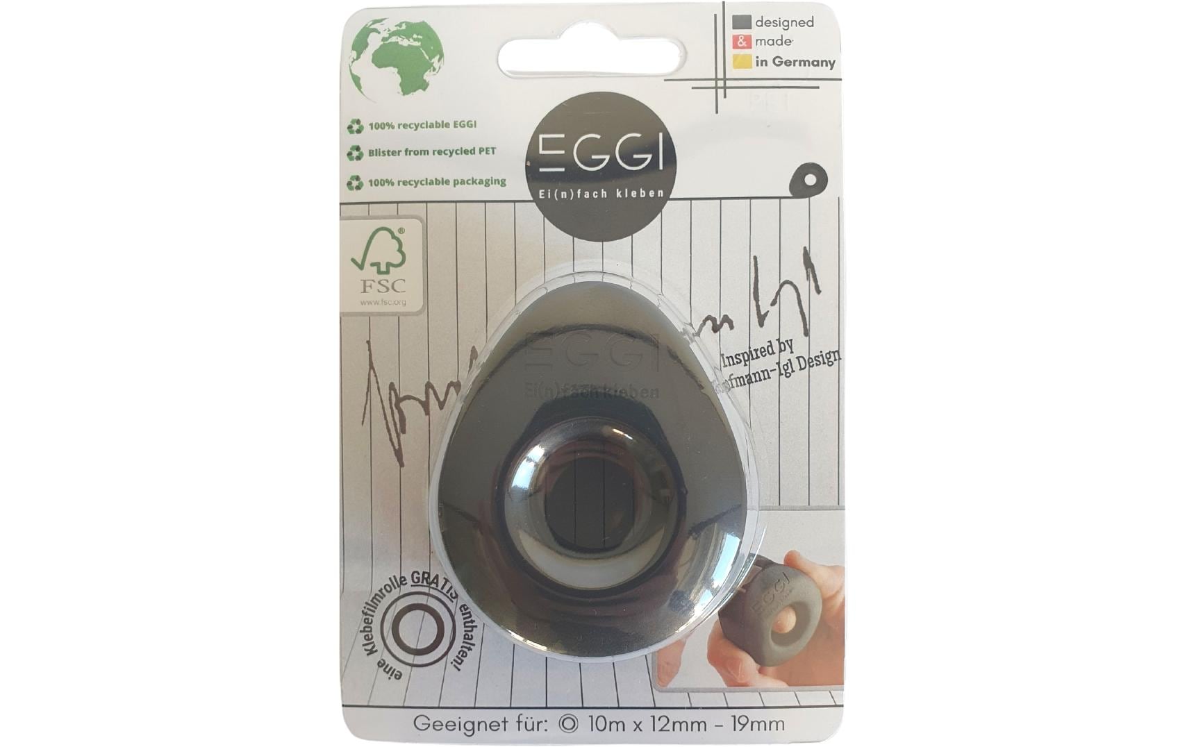 Eggi Tischabroller – für Klebeband bis 19 mm × 10 m, Kunststoff (Recycling), schwarz