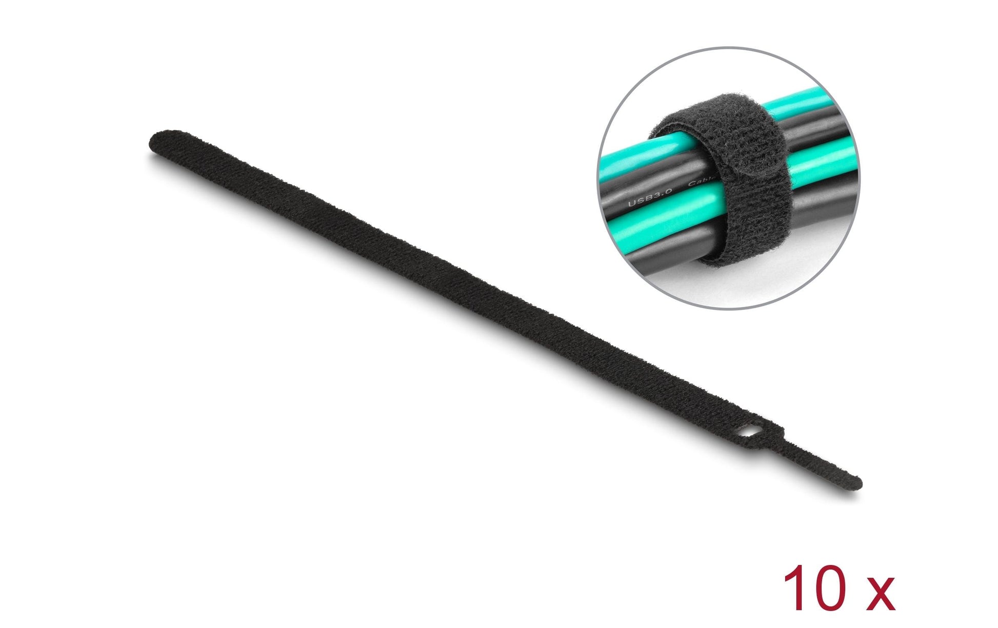 DeLOCK Klett-Kabelbinder, 12 mm × 0,25 m, Schwarz, 10 Stück
