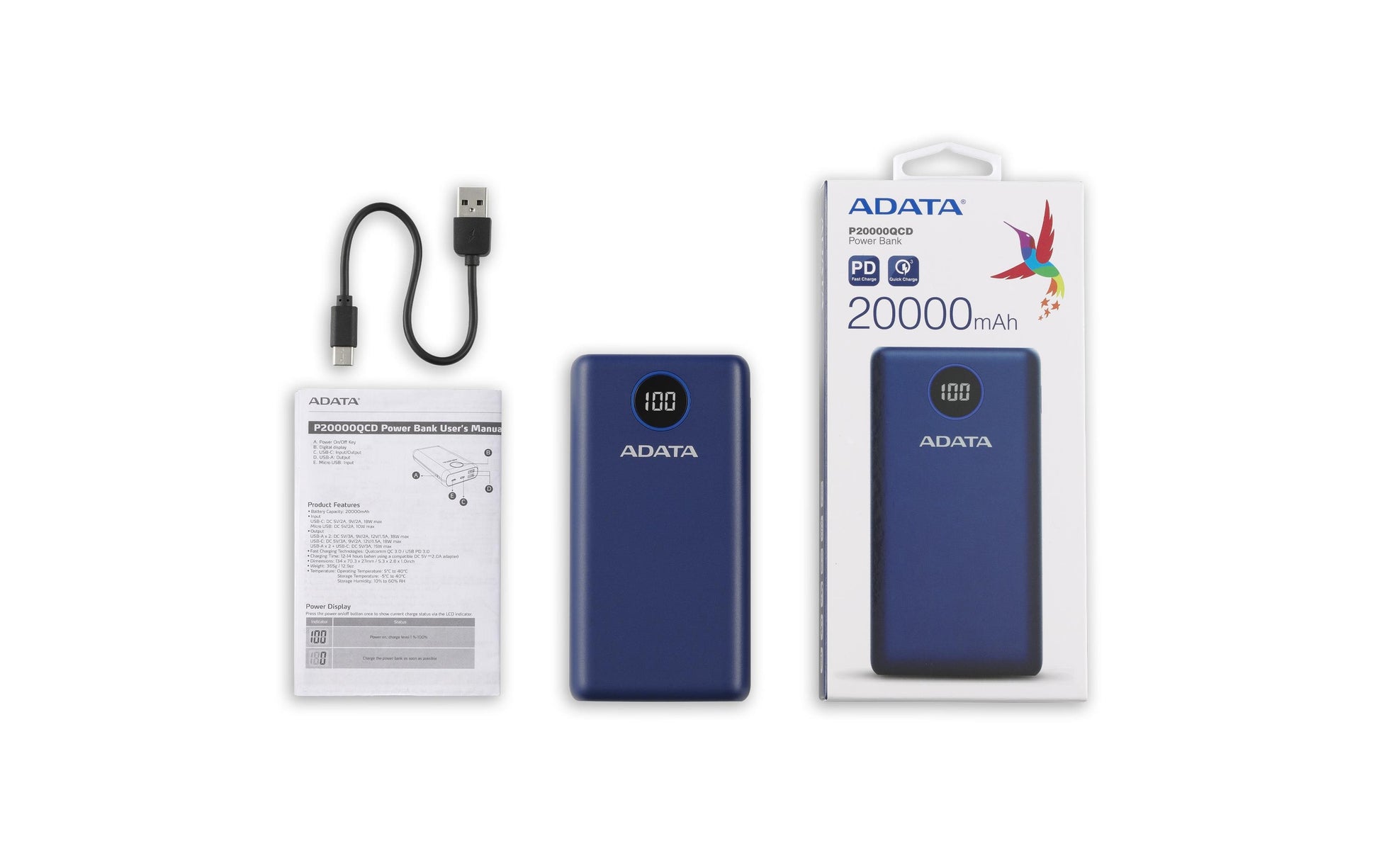 ADATA Powerbank 20000 mAh, PD 18 W, 2× USB-A, 2× USB-C, Blau