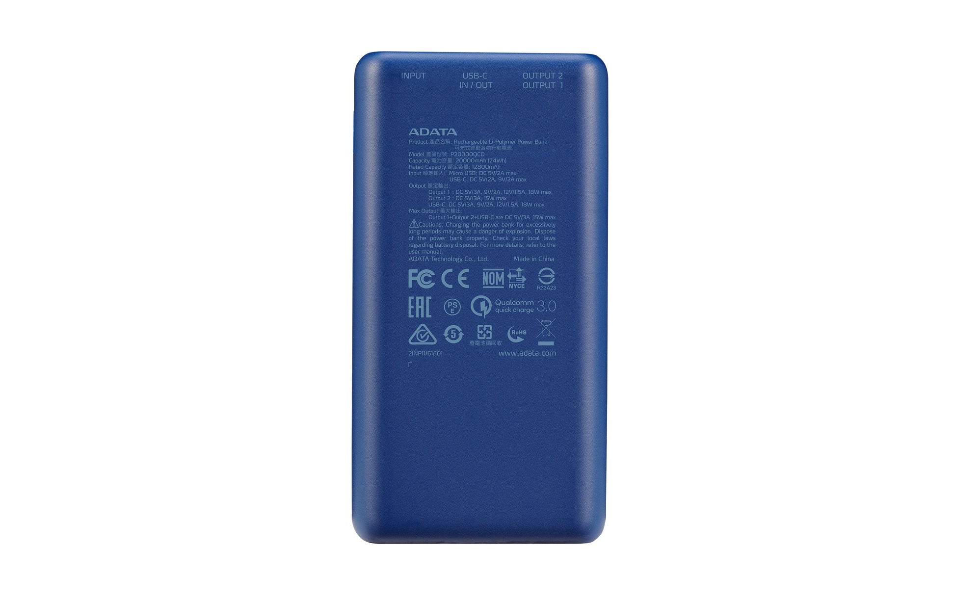 ADATA Powerbank 20000 mAh, PD 18 W, 2× USB-A, 2× USB-C, Blau