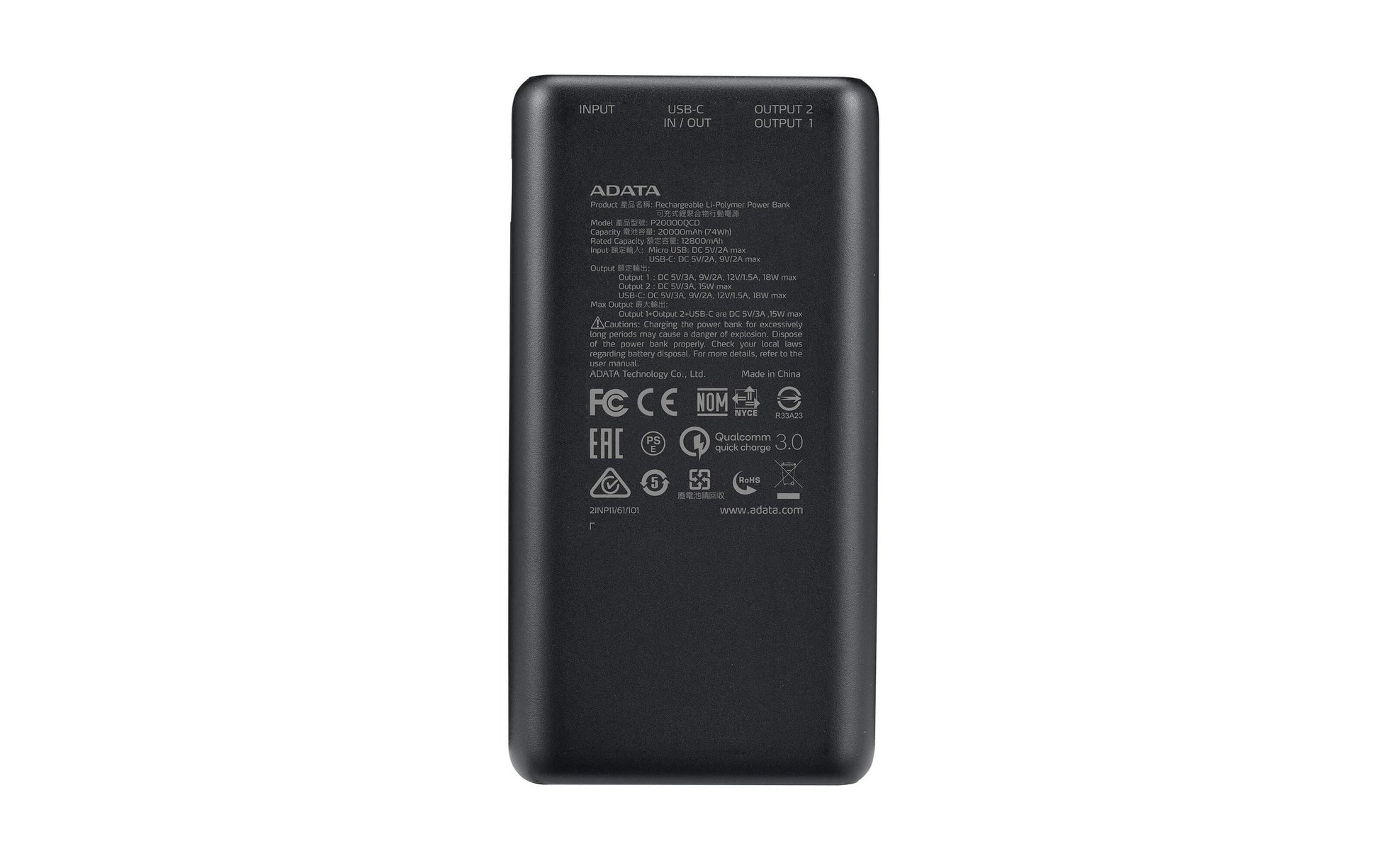 ADATA Powerbank 20000 mAh, PD 18 W, 2× USB-A, 1× USB-C, für Smartphones, Schwarz