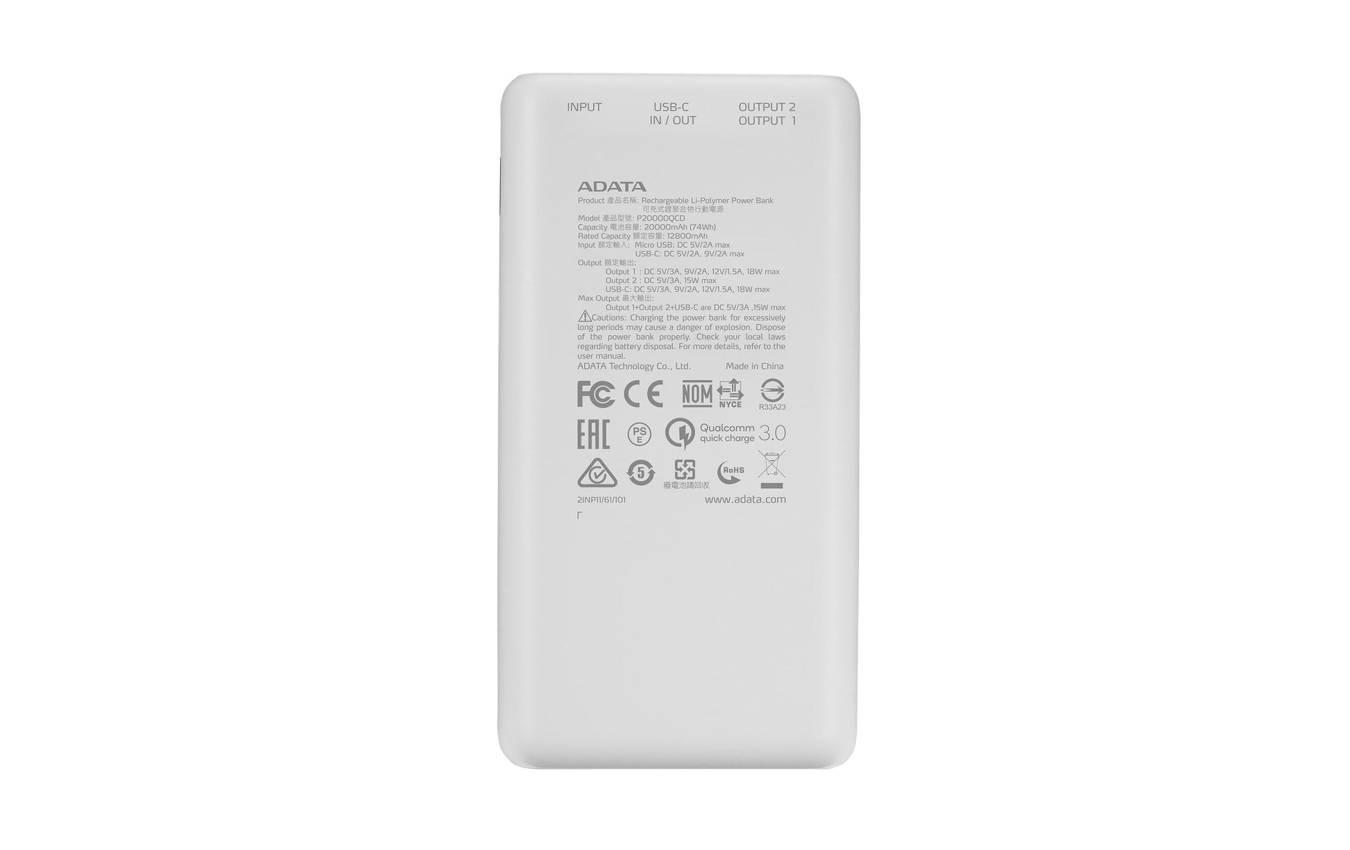 ADATA Powerbank 20000 mAh, PD 18 W, 2× USB-A, 1× USB-C, mit LCD-Display, für Smartphones, Weiss