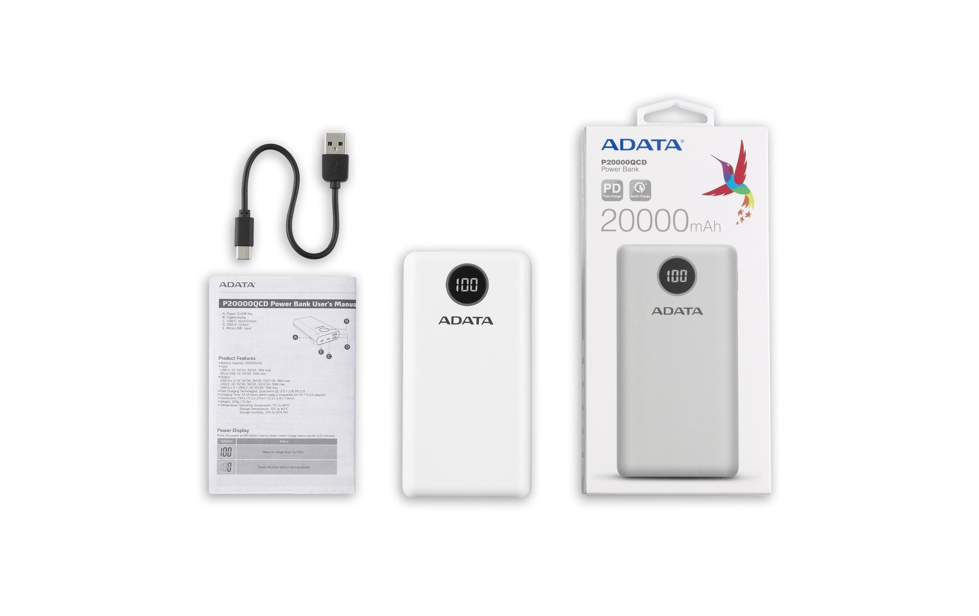 ADATA Powerbank 20000 mAh, PD 18 W, 2× USB-A, 1× USB-C, mit LCD-Display, für Smartphones, Weiss
