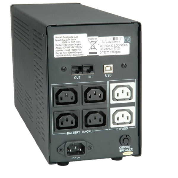 ROLINE DesignSecure 2000 USV 2 kVA/1200 W Line-Interaktiv – Tower – C13×6, Eingang IEC C14