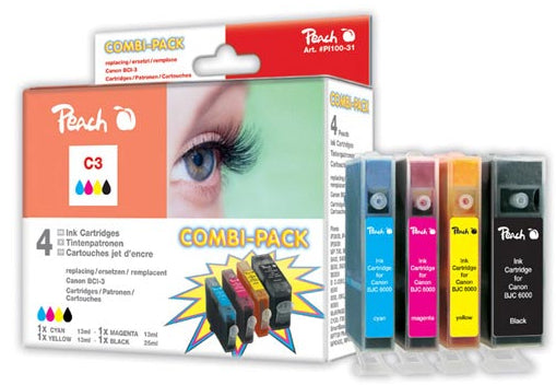 Peach BCI-3e Tintenpatronen-Multipack, Schwarz/Cyan/Magenta/Gelb (Kompatibel) – für Canon BJC 3000/6000 …