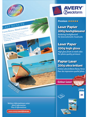 Avery Fotopapier – hochglänzend, A4, 200 g/m², 100 Blatt, beidseitig – für Farblaserdrucker
