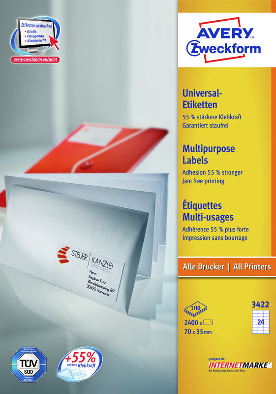 Avery Etiketten, 70 mm × 35 mm, weiss, Papier, permanent, 100 Blatt (2400 Etiketten)
