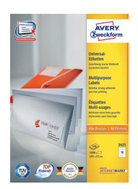 Avery Etiketten auf A4-Bögen, 105 mm × 57 mm, Weiss, Papier, Permanent, 1000 Etiketten (100 Blätter)