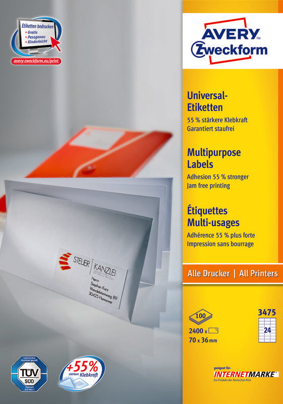 Avery Etiketten auf Bogen, 70 mm × 36 mm, weiss, Papier, permanent, 2400 Etiketten (100 Blatt)