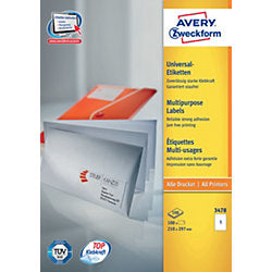 Avery Etiketten, 210 mm × 297 mm, weiss, Papier, permanent, 100 Blatt