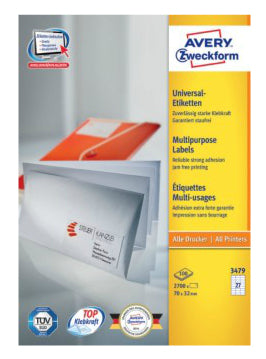 Avery Druckeretiketten, 70 mm × 32 mm, weiss, Papier, permanent, 2700 Etiketten (100 Blatt)