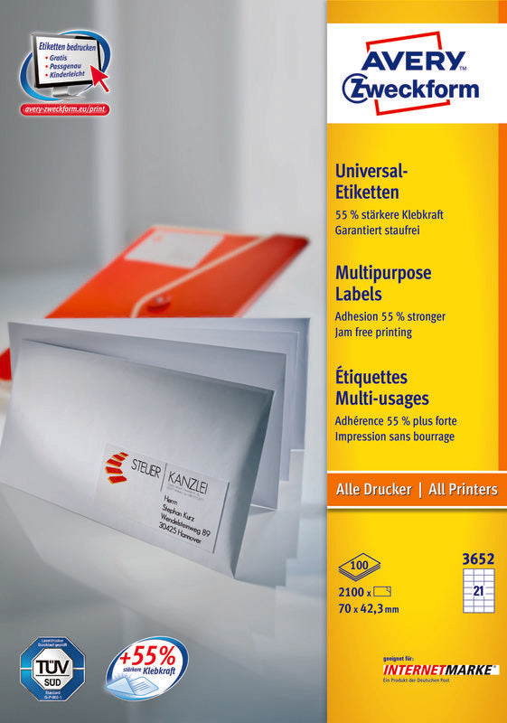 Avery Druckeretiketten, 70 mm × 42 mm, weiss, Papier, permanent, 2100 Etiketten (100 Blatt)