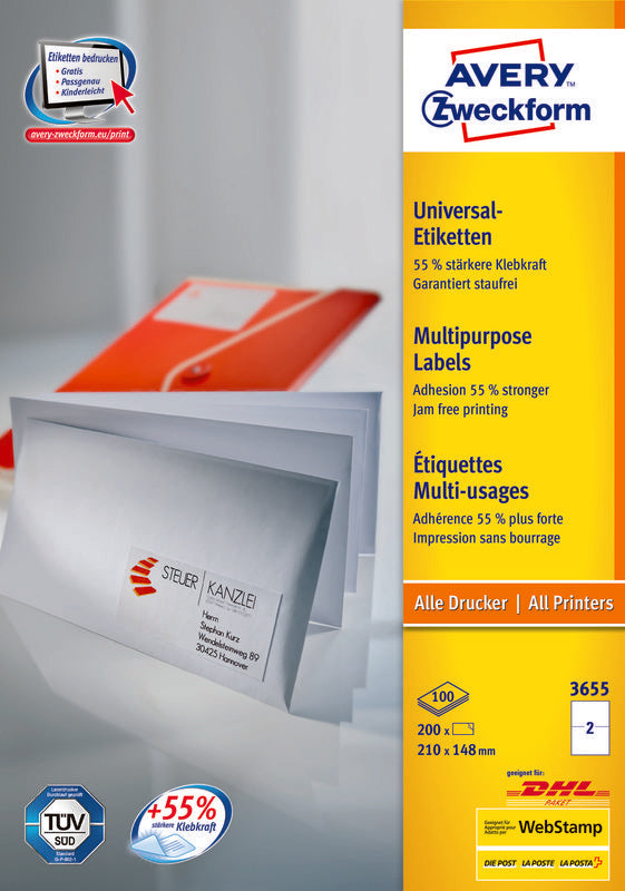 Avery Blattetiketten, 210 mm × 148 mm, weiss, Papier, permanent, 100 Blatt (200 Etiketten)