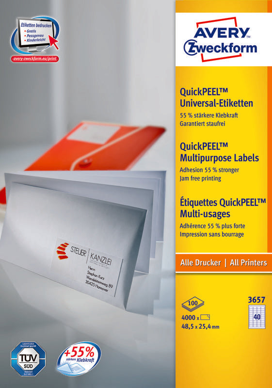 Avery Druckeretiketten, 49 mm × 25 mm, weiss, Papier, permanent, 100 Blatt