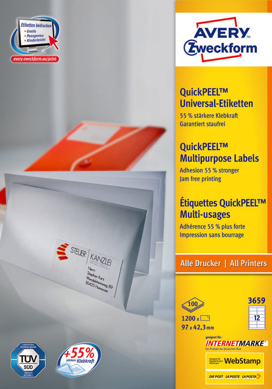 Avery Druckeretiketten, 97 mm × 42 mm, weiss, Papier, permanent, 1200 Etiketten (100 Blatt)