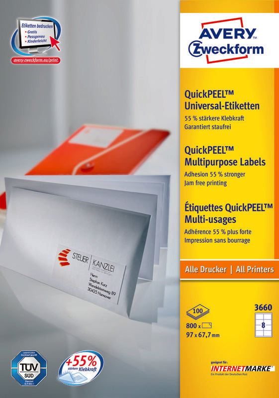 Avery Druckeretiketten, 97 mm × 68 mm, weiss, Papier, selbstklebend, 800 Etiketten (100 Blatt)