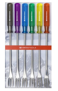 PB Swiss Tools Fonduegabeln – 6er-Set, Edelstahl, Kunststoffgriff, Mehrfarbig, für Käsefondue