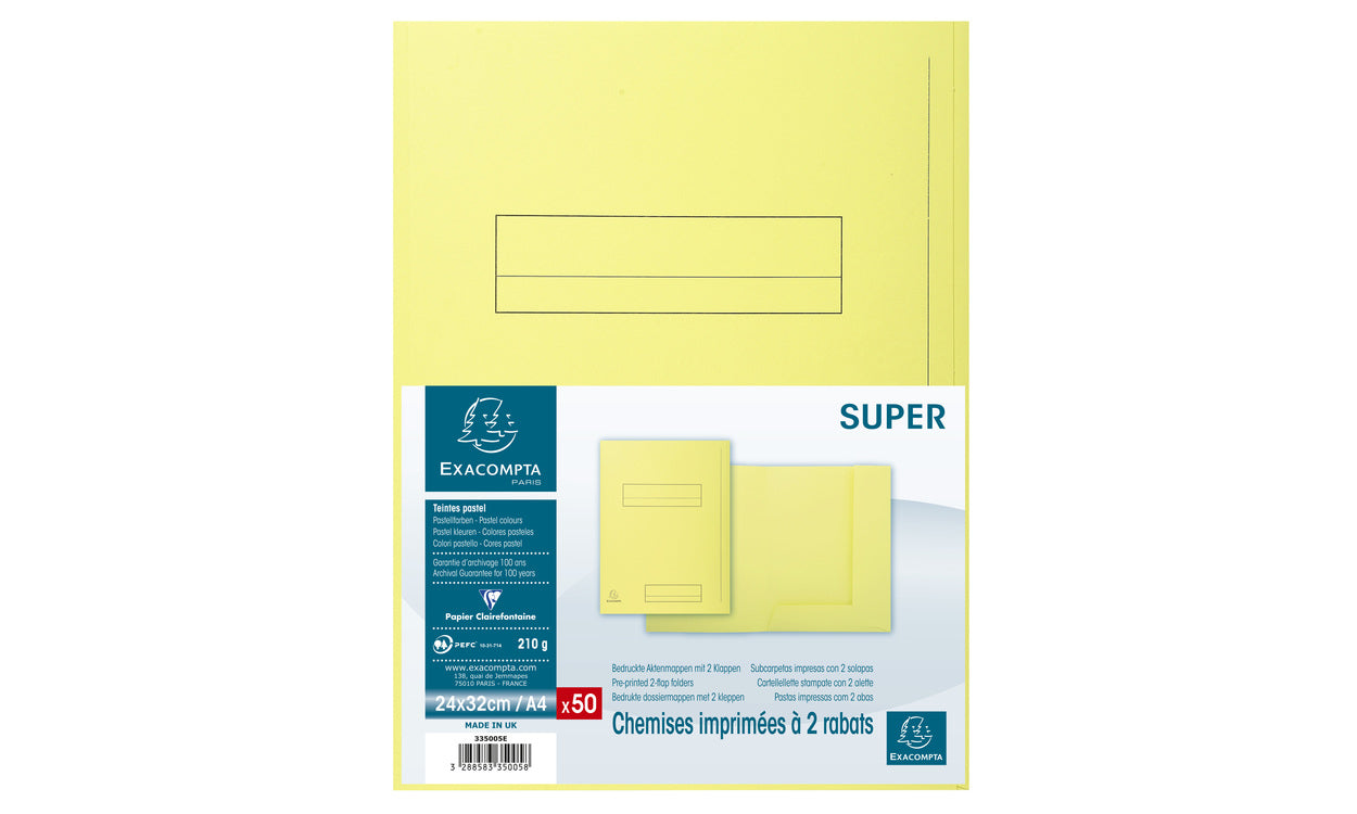 Exacompta Einlagemappe Super 250 A4 – Karton, Gelb, 2 Einschlagklappen 100 mm, 50 Stk.