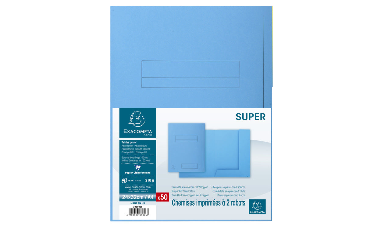 Exacompta Einlagemappe SUPER 250 A4 – 2 Einschlagklappen 100 mm, Karton, Blau, 50 Stk.