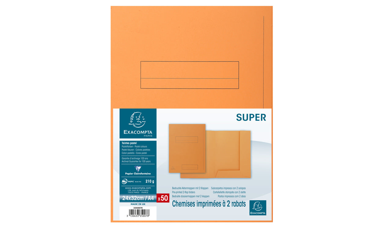 Exacompta Einlagemappe A4 – Karton, Orange, 2 Klappen, Beschriftungsfeld, 50 Stk.