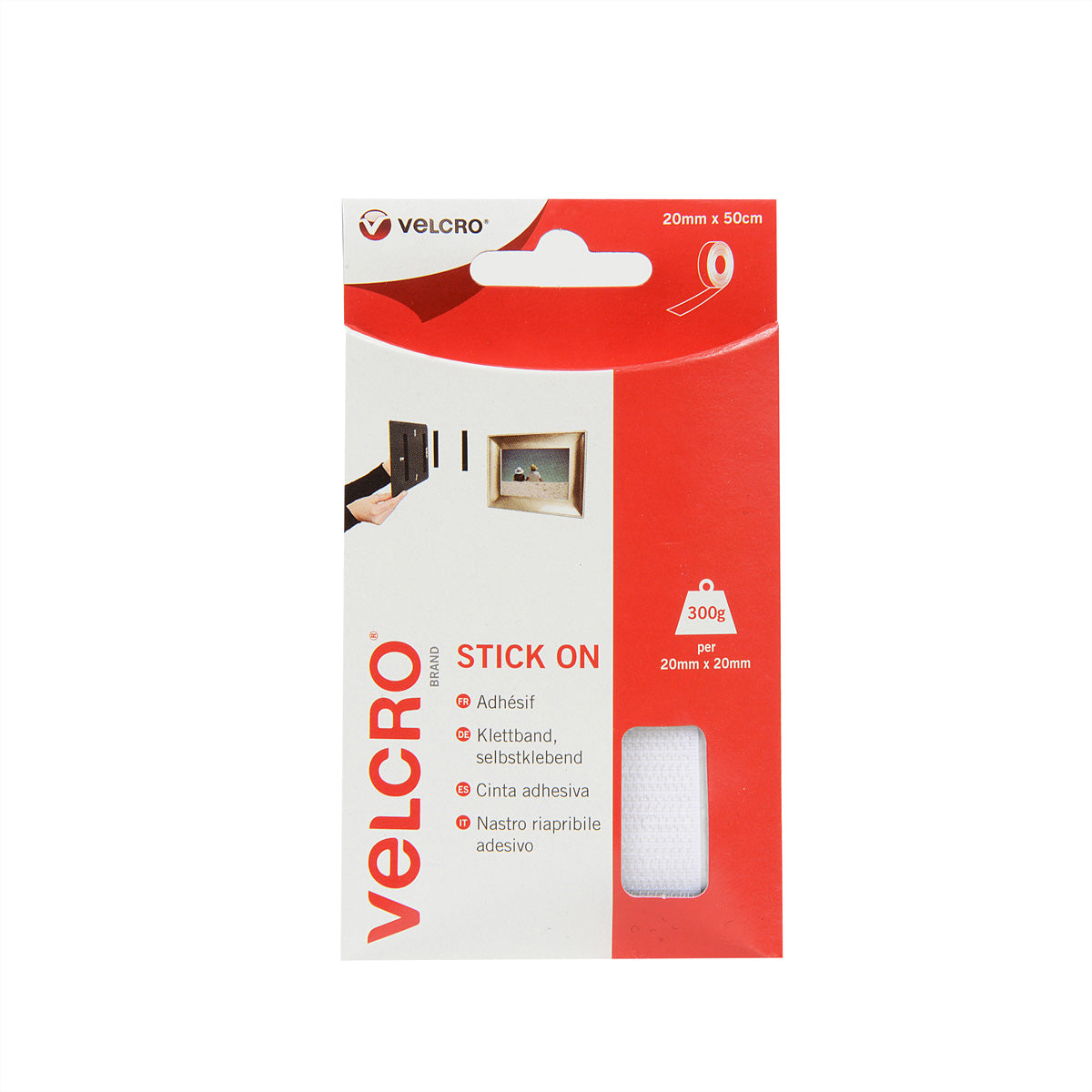 Velcro Klettband selbstklebend – 20 mm × 0,5 m, weiss, 1 Stk.